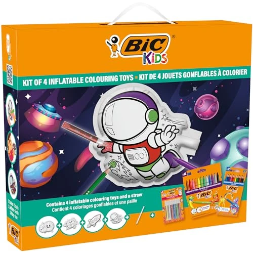 BIC Kids Kit Giocattoli Gonfiabili da Colorare Design Tema Spazio - 12 Matite per Colorare Evolution, 12 Pennarelli Kid Couleur, 6 Colle Glitter, 4 Giocattoli Gonfiabili da Colorare, Set da 34