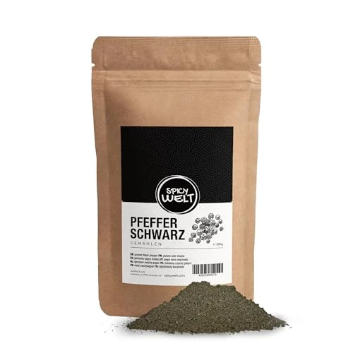 Spicy Welt Schwarzer Pfeffer Gemahlen (250g) – Pfefferpulver – für Suppen, Saucen & Steak, Dressings & Pfanne | Aromatisch, Vielseitig & Fein Dosierbar | 100% Naturrein, Ohne Zusätze