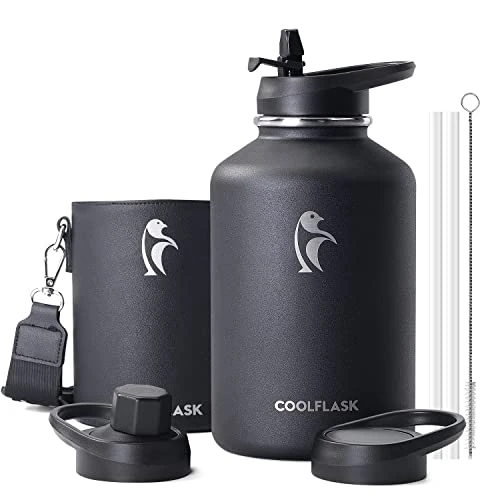 Offerta a tempo: Coolflask 2L Bottiglia d'Acqua Isolata in Acciaio Inox Con Custodia in Pelle PU, Coperchi a Cannuccia, Mantiene Freddo 48h Caldo 24h, Nero - 25% da 39.99 € a 29.99 €