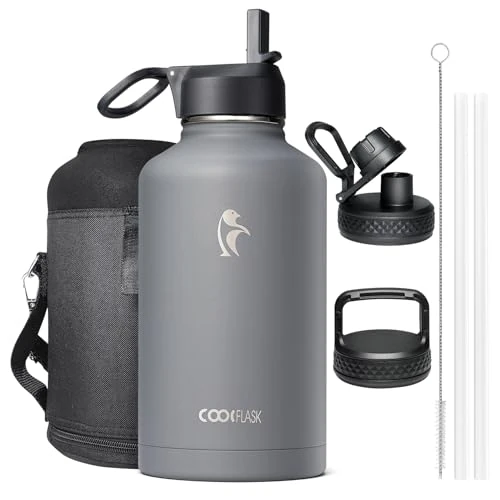 Isolierte Wasserflasche 2L, Coolflask Wasserflasche mit Strohhalm & 3 Deckeln, Isolierte Wasserflasche aus Edelstahl für Sport oder Büro, Doppeltes Vakuum auslaufsicher, Grau