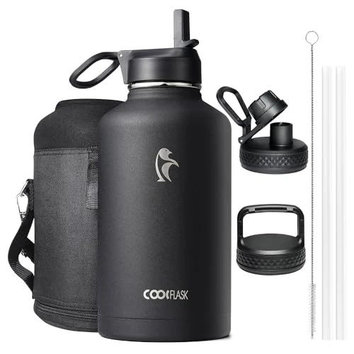 Offre limitée : Coolflask Bouteille d'eau Isotherme 2L avec paille et 3 couvercles, Bouteille d'eau froide et chaude en acier inoxydable, isolée, sous double vide et étanche, Noir de 37.98 € à 36.08 € (5% de remise)