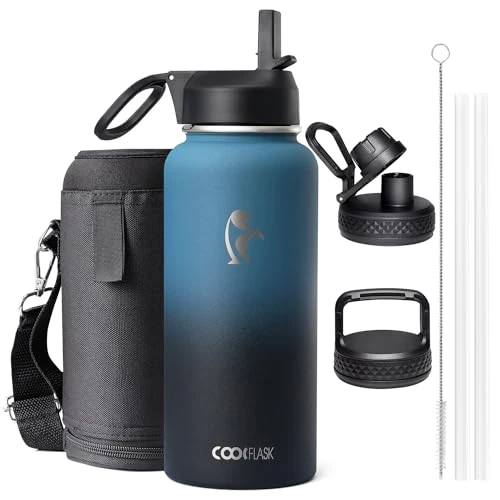 Offerta a tempo: Coolflask Borraccia isolata da 1 l, in acciaio inox, con cannuccia e 3 coperchi, doppia borraccia sottovuoto a prova di perdite, per acqua fredda e calda, robusta e facile da pulire, colore nero - 31% da 29.99 € a 20.58 €