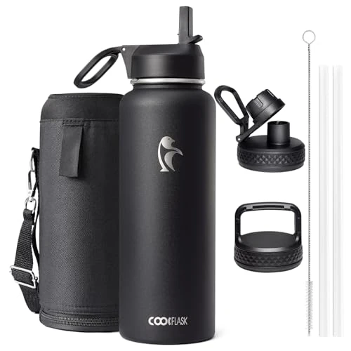 Oferta limitada: Coolflask Botella de agua aislada de 1180 ml con popote y 3 tapas, botella de agua de metal para deportes u oficina, doble vacío a prueba de fugas, botella de agua fría y caliente, fácil de limpiar de 28.04 EUR a 28.04 EUR (ahorro 15%)