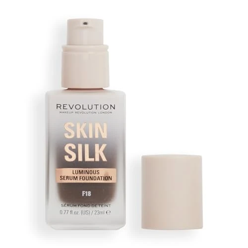 Limited offer: Revolution Skin Silk Radiant Satin Serum Foundation, Lightweight, Buildable Coverage with Hydrating Hyaluronic Acid for a Natural Finish, Vegan & Cruelty-Free, F18 Deep Skin Tones, 0.77 fl oz from 14.05 USD to 13.35 USD (save 5%)