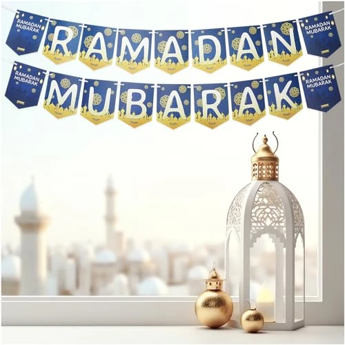 Lunarae Girlanda Ramadan Mubarak Złoty & Niebieski I Podwójny Ramadan Ramadan Dekoracja Ramadan Mubarak I 2x3m, litery I Dekoracja Ramadan 2024 I Deco Ramadan!