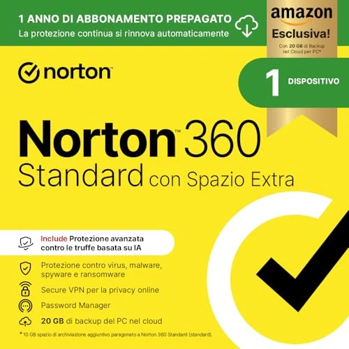 Offerta a tempo: Norton 360 Standard | Extra Spazio Archiviazione |Esclusiva Amazon * 10 GB extra Cloud Backup| Antivirus software 1 dispositivo|1 anno rinnovo automatico - 74% da 55.00 € a 14.55 €