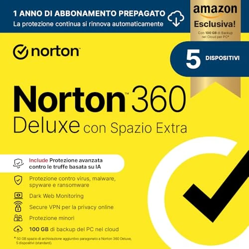Offerta a tempo: Norton 360 Deluxe | Extra Spazio Archiviazione|Esclusiva Amazon *50 GB extra Cloud Backup| Antivirus 5 dispositivi| 1 anno rinnovo automatico - 81% da 104.99 € a 19.98 €