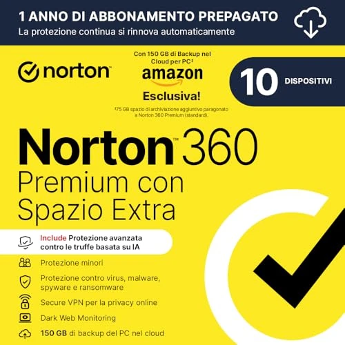 Offerta a tempo: Norton 360 Premium| Extra Spazio Archiviazione|Esclusiva Amazon * 75 GB extra Cloud Backup| Antivirus 10 dispositivi |1 anno rinnovo automatico - 69% da 114.99 € a 35.99 €