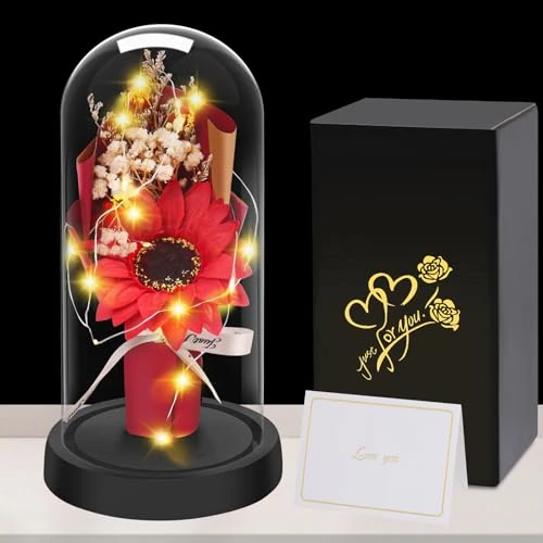 Regalos de Girasol para Mujeres, Girasol Artificial en Cúpula de Cristal, Regalos de Girasol Eternos para el día de la Madre, Aniversario, Regalo de Flores Artificiales para Mujeres, Mamá, Esposa