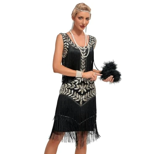 Offerta a tempo: Viloree Abiti da Donna Stile Flapper con Collo a V degli Anni '20, con Perle Frizzanti, Grande Abito da Gatsby, M - 0.00% da 71.41 € a 71.41 €