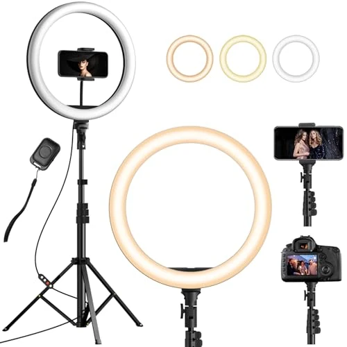 YOHOOLYO 12 Inch Ring Light with Tripod Stand & Phone Holder, 64 Inches Tall Dimmable LED Selfie Light with Remote, 3 Colors & 10 Brightness Levels for YouTube, TikTok, Live Streaming, Video, Makeup