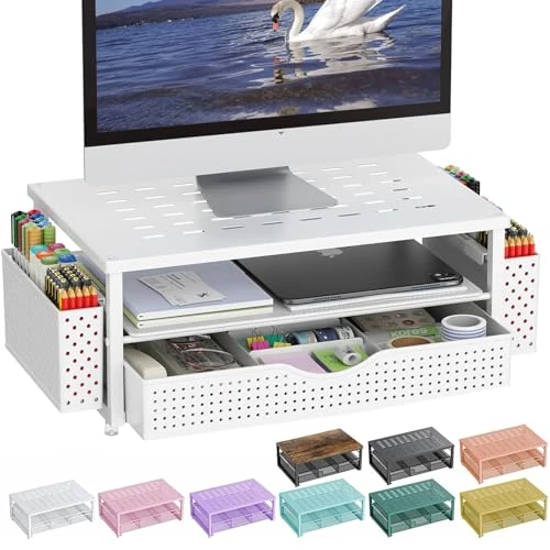 Offerta a tempo: gianotter Supporto per monitor, organizer da scrivania con cassetto e portapenne, supporto per computer a 2 livelli, accessori da scrivania e organizer per spazi di lavoro (bianco) - 0.00% da 28.55 € a 28.55 €