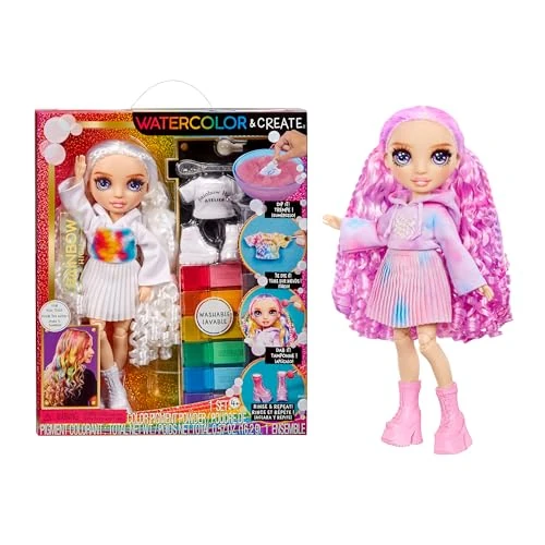 Limited offer: Rainbow High Watercolor & Create Fashion DIY Doll with Washable Watercolors + Tie-Dye Kit, Purple Eyes, Curled Hair, Bonus Top & Shoes. Color, Create, Play, Rinse and Repeat. Creative 4-12+ from 32.50 EUR to 32.50 EUR (save 0%)