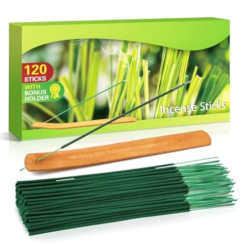 Scent-Hi Citronella Räucherstäbchen, Natürliches Citronella Ätherischem Öl Set 120 Stäbchen für Innen und Draußen, Garten, Balkone, Terrassen, mit Räucherstäbchen Halter