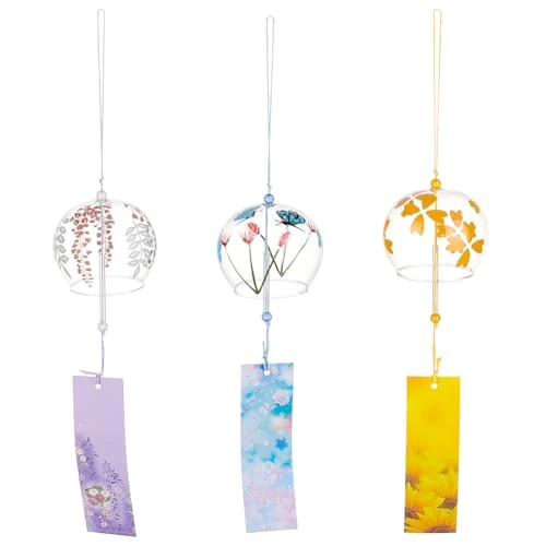 BENECREAT 3 stuks 3 kleuren Japanse glazen ronde windgongs, licht hemelsblauw, licht goudgeel, lichtpaars windgong met papieren zegenhanger voor tuin, patio, balkondecoratie
