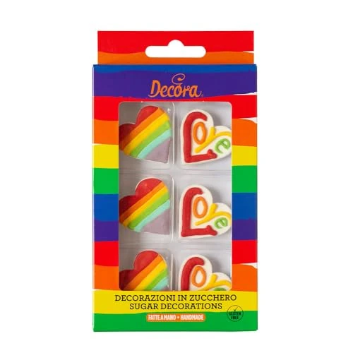 Decora 0500528 Confezione da 6 Cuori Rainbow In Zucchero