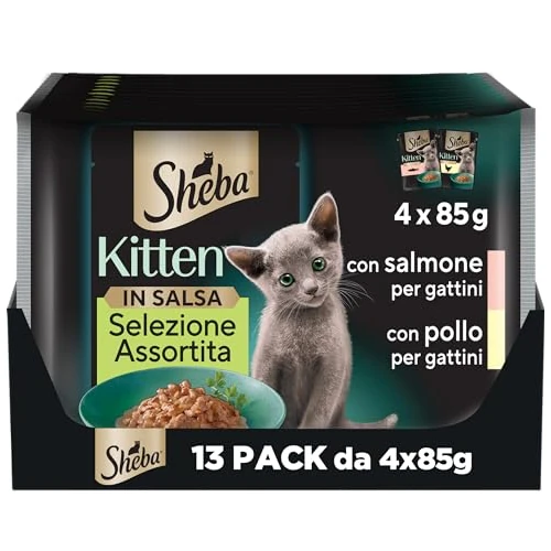 Limitiertes Angebot: Sheba Kitten Sortierte Auswahl in Sauce mit Lachs und Huhn, komplettes Nassfutter für Kätzchen, 52 Beutel à 85 g von 39.99 EUR auf 39.99 EUR (Spare 0%)