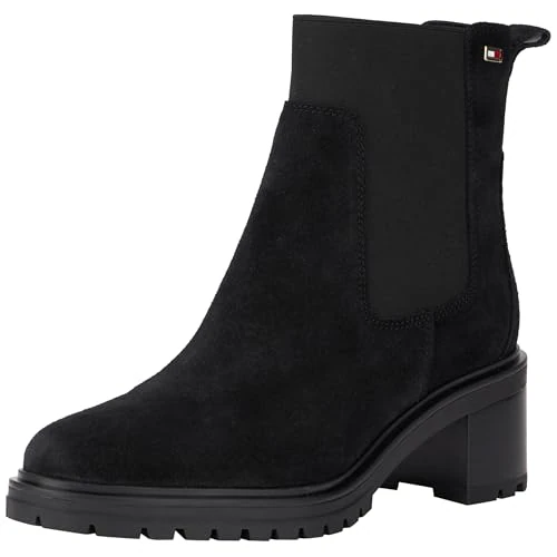 Tommy Hilfiger Women’s Flag Mid Heel Suede Chelsea Boots, Black (Black), 7