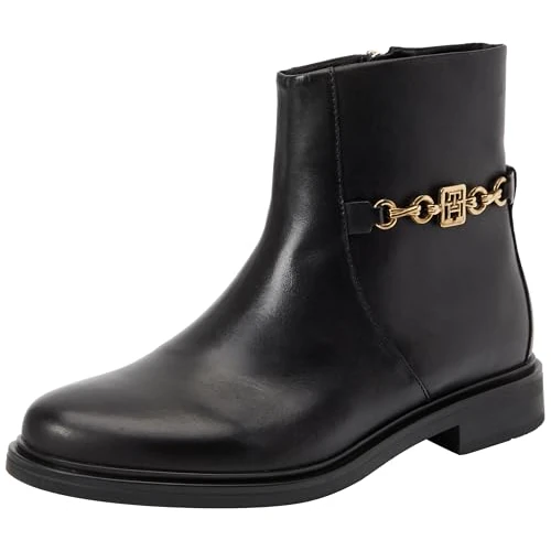 Offerta a tempo: Tommy Hilfiger Donna Stivaletti Chain Low Bootie in Pelle, Nero (Black), 36 - 69% da 179.90 € a 55.56 €