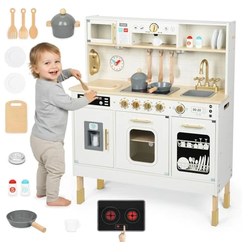 Mamabrum Houten kinderkeuken met ledverlichting, XXL interactief speelgoed met magnetron, vaatwasser, koffiezetapparaat, oven, gootsteen, kraan en accessoires