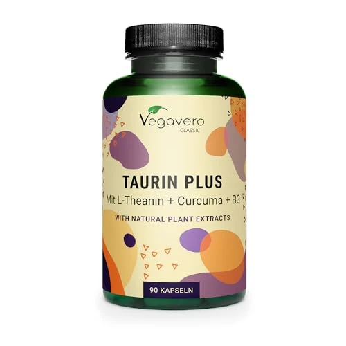 Vegavero Taurine in hoge doseringen | 1000 mg | Met kurkuma & L-theanine uit groene thee-extract | Veganistisch en zonder toevoegingen | 90 capsules
