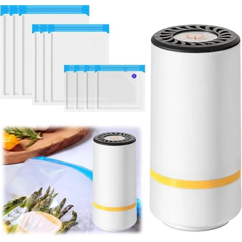 Automatic Vacuum Sealer Portable Food Vacuum Sealer Large Suction Power Food Vacuum Sealer Comes with 2 Clips+6 Vacuum Bags+Wet Extraction Bucket (White)