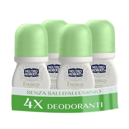 Offerta a tempo: Neutro Roberts, Deodorante Roll On Fresco Verde, Té Verde e Lime, Zero Sali di Alluminio, Zero Macchie, Con Puro Olio di Glicerina, Deo Uomo e Donna, Plastica 100% riciclata, 48h - 4 Pezzi da 50 ml - 40% da 15.99 € a 9.59 €