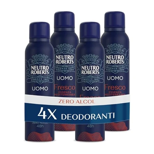 Offerta a tempo: Neutro Roberts, Deodorante Spray Uomo Essenza Mediterranea, Con antiodore, Zero Alcol, Con Puro Olio di Glicerina, Deodorante Uomo, Dermatologicamente testato, 48h - 4 Pezzi da 150 ml - 40% da 15.99 € a 9.59 €
