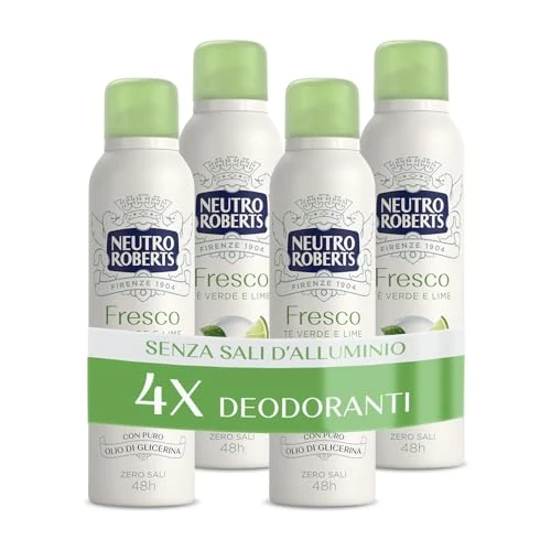 Limitiertes Angebot: Neutro Roberts, Deodorant Spray Frisch Grün, Grüner Tee und Limette, keine Aluminiumsalze, keine Flecken, mit reinem Glycerinöl, Deo für Herren und Damen, dermatologisch getestet, 48h - 4 Stück à 150 von 30.29 EUR auf 30.29 EUR (Spare 0%)