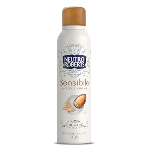 Neutro Roberts, Deospray für empfindliche Haut mit beruhigendem Hafer und Argan, ohne Aluminiumsalze, kein Alkohol, mit reinem Glycerinöl, für empfindliche Haut, dermatologisch getestet, 150 ml, 48h