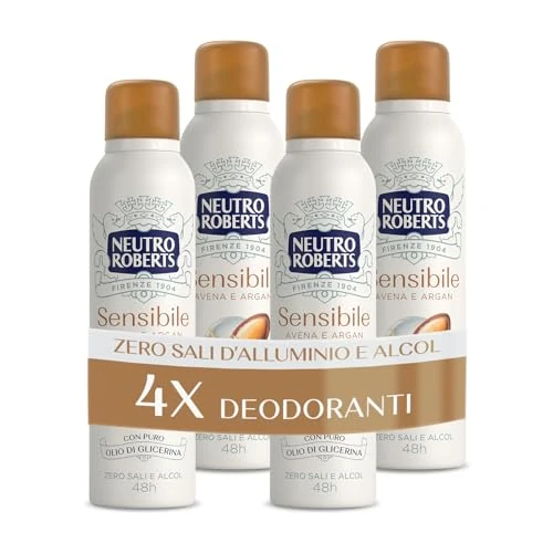 Begrenztes Angebot: Neutro Roberts, Deo-Spray für empfindliche Haut mit beruhigendem Hafer und Argan, ohne Aluminiumsalze, kein Alkohol, mit reinem Glyzerin-Öl, dermatologisch getestet, 48 Stunden – 4 Stück à 150 ml von 15.99 EUR auf 15.99 EUR (Rabatt 0%)