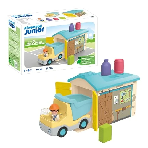 Offerta a tempo: PLAYMOBIL Junior 71686 Camion con cassone, inclusi cassone ribaltabile mobile e garage, giocattolo sostenibile realizzato in plastica a base vegetale, per bambini dai 12 mesi in su - 0.00% da 27.99 € a 27.99 €