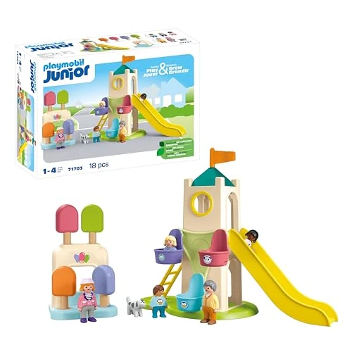 Playmobil Junior 71703 Parco giochi avventura, inclusi scivolo e ruota panoramica, giocattolo sostenibile realizzato in plastica a base vegetale, giocattolo per bambini dai 12 mesi in su