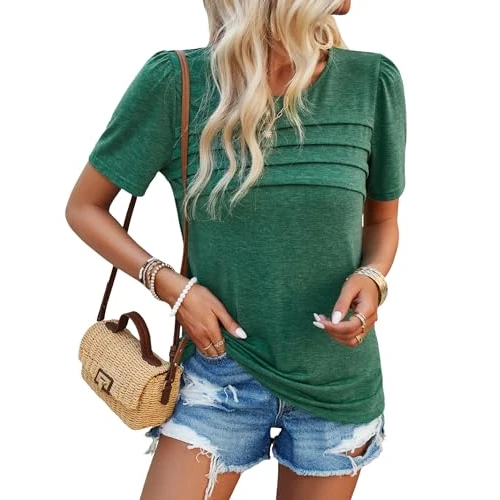 Oferta limitada: Heersan Camisetas Mujer Verano Elegante Blusa Cuello Redondo Plisado Color Sólido Casual de Manga Corta Mujer Suave Camiseta Mujer de 17.99 € a 14.99 € (ahorro 17%)