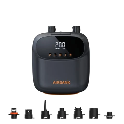 AIRBANK Bomba de Aire eléctrica Sup con batería The Buffer Pro, Bomba de Aire Recargable de Doble Etapa con Apagado automático para Tabla de Remo, lámina de ala y Cometa, Tienda de campaña, colchón