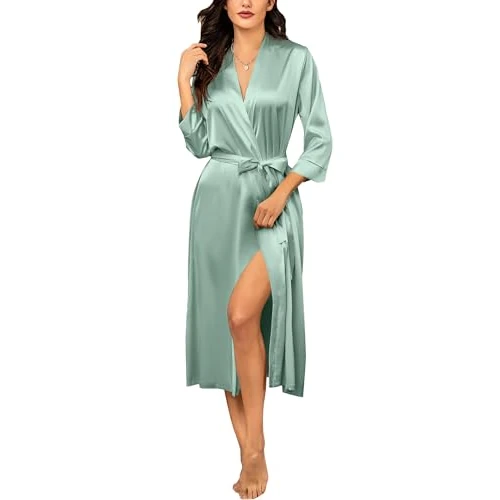 Ekouaer Peignoir Personnalisé Robes En Soie Pour Femmes Longues Peignoir Demoiselles D'honneur Fête De Mariage Robes En Satin Vêtements De Nuit Avec Poches, Vert, S