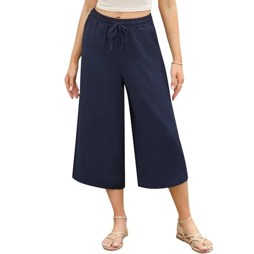 Offerta a tempo: Wayleb Pantaloni Leggeri Donna Estate 3/4 con Vita Elastico e Coulisse, Gamba Larga, Tasche Laterali, Casual e Comodi, Colore Blu Navy, Taglia S - 41% da 28.99 € a 16.99 €