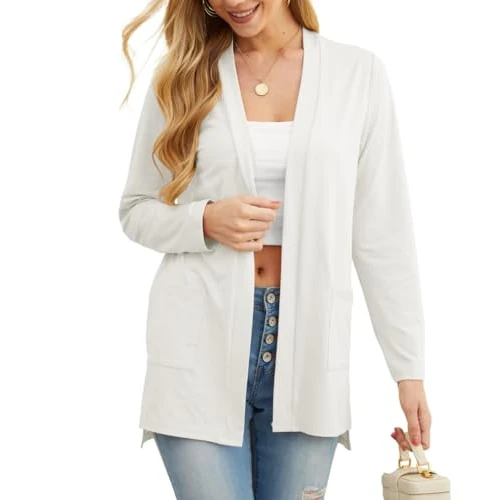 Oferta limitada: PrinStory - Cárdigan ligero de manga larga para mujer, diseño de parte delantera abierta, cuello en V, ropa exterior ligera con bolsillo, blanco, S de 9.99 € a 9.99 € (ahorro 0.00%)