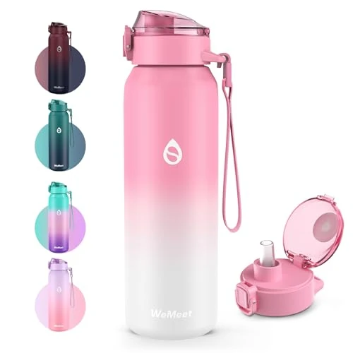 WEMEET Botella Termica con Extraíble Paja 1000ml, Botella Agua 18/10 Acero Inoxidable de Doble Pared, Sin BPA Botella Agua, Cantimplora Para Gimnasio, Ciclismo, Escuela, Deporte (Blanco Rosa)