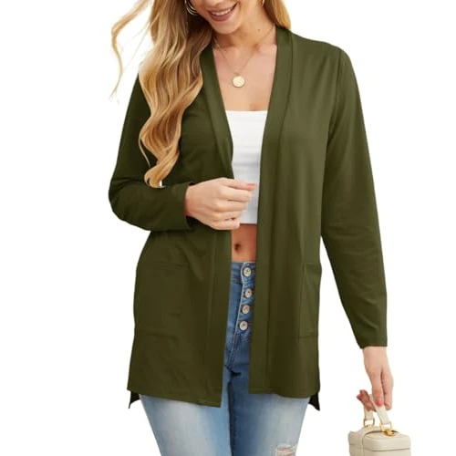 Zeitlich begrenztes Angebot: PrinStory Strickjacken Für Damen Leichte Cardigan Langärm V-Ausschnitt Strickjacke Mit Taschen Sommer Jacke (Armee Grün, L) von 19.99 € auf 9.99 € (50% Rabatt)