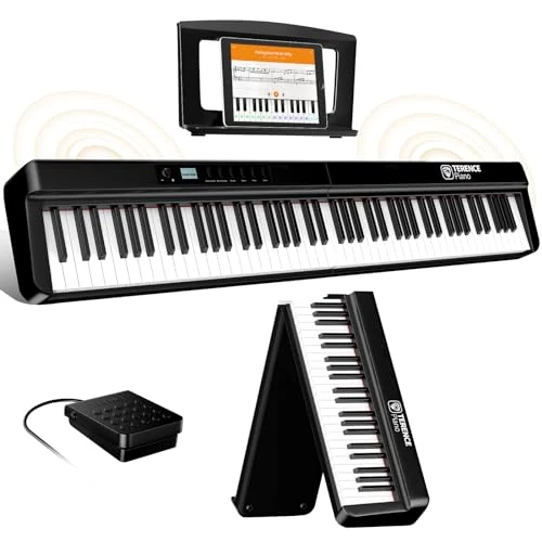 TERENCE Foldable Digital Piano 88 Weighted Keys Full Size Electric Piano Keyboard with 2000mAh Rechargeable Battery 2x25W Speakers Display Function Keys Support MIDI Interface Bluetooth Sticker Bag