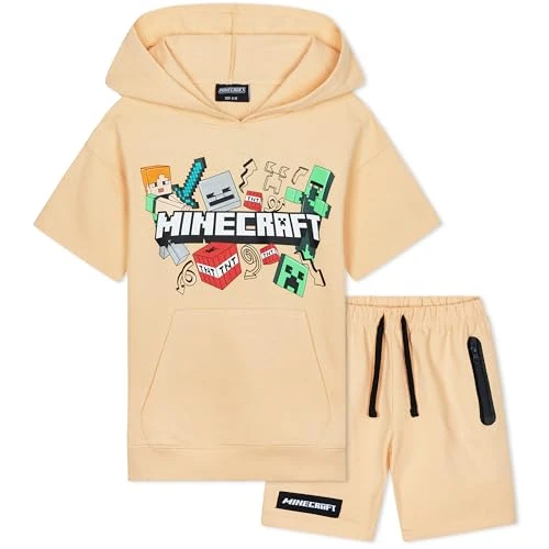 Limited-time offer: Minecraft Hoodie Shorts Tracksuit Set Boys 2 Pcs Creeper Teenagers Gamer Summer Short Sleeved Hooded Sweatshirt Zipped Pockets Sports Casual Activewear (9-10 Years, Peach) from 16.69 GBP to 16.69 GBP (save 0%)