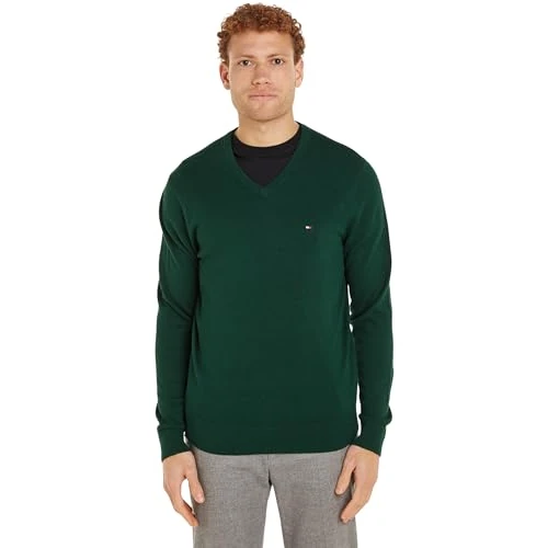 Offerta a tempo: Tommy Hilfiger Uomo Pullover Essential Cotton Scollo a V, Verde (Ornamental Green), S - 43% da 99.90 € a 56.45 €