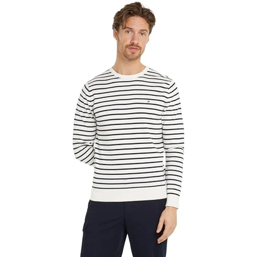 Tommy Hilfiger Pull Homme Essential Cotton Crew Neck en Coton, Multicolore (Ivory/Desert Sky), 3XL