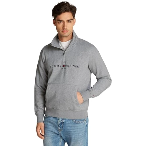Tommy Hilfiger Men’s Logo Mock Neck Zipped Logo Sweatshirt with Kangaroo Pocket, Grey (Medium Grey Heather), 3XL