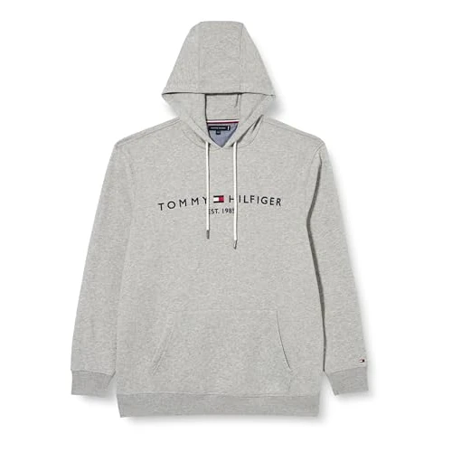 Tommy Hilfiger Men’s Logo Hoodie with Kangaroo Pocket, Grey (Light Grey Heather), XXL