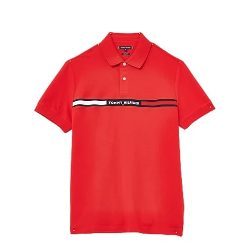 Tommy Hilfiger Men’s Short Sleeve Chest Insert Regular Fit Polo Shirt, Red (Primary Red), XXL