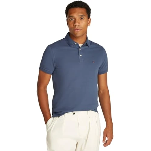Tommy Hilfiger Men’s Short Sleeve Slim Fit Polo Shirt with Button Placket, Blue (Aegean Sea), L
