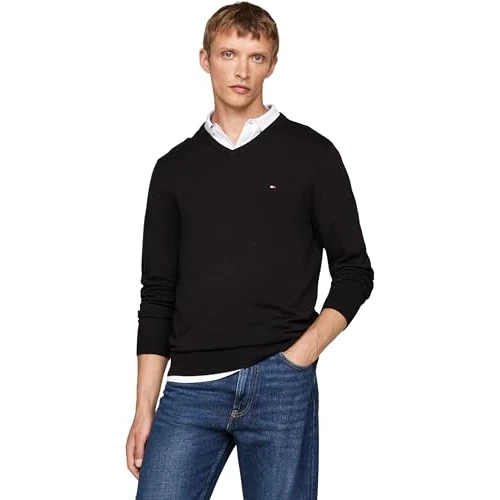 Tommy Hilfiger Heren Essential Katoen V-hals MW0MW14745, Trui, Zwart, XXL, Zwart (zwart), XXL