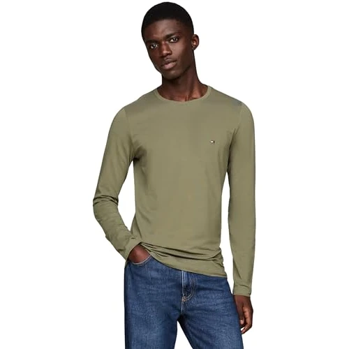Tommy Hilfiger Hombre Camiseta de Manga Larga Stretch Slim Fit Algodón, Verde (Battle Green), 3XL